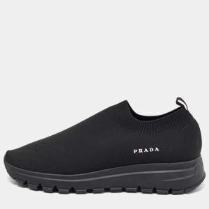 Prada Black Knit Fabric Slip On Sneakers Size 37.5