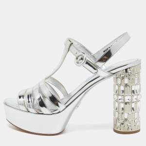 Prada Silver Leather Crystal Embellished Ankle Strap Sandals Size 38