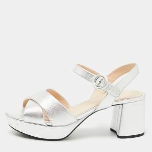Prada Silver Leather Platform Ankle Strap Sandals Size 38.5