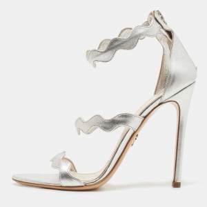 Prada Silver Leather Ankle Strap Sandals Size 39.5