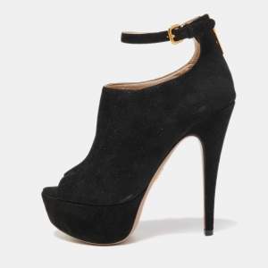 Prada Black Suede Peep Toe Platform Ankle Strap Booties Size 37.5