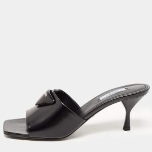 Prada Black Leather Brushed Heeled Slides Size 40