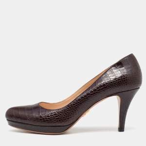 Pre Owned Prada Brown Croc Embossed Leather Platform Pumps Size 37.5