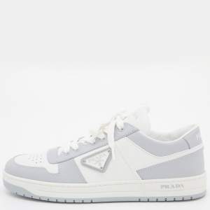 Prada White/Grey Leather Downtown Low-Top Sneakers Size 39