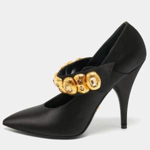 Prada Black Satin Crystal Embellished Pointed Toe Pumps Size 39