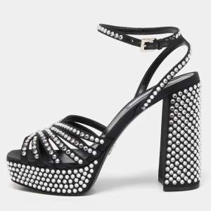 Prada Black Suede Crystal Embellished Ankle Strap Sandals Size 39