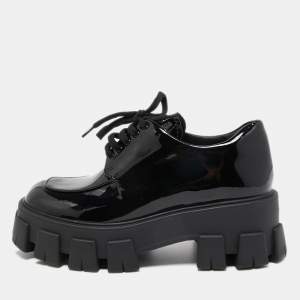 Pre Owned Prada Black Patent Leather Monolith Platform Derby Sneakers Size 36.5