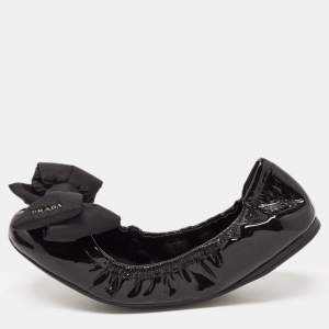 Prada Sport Black Patent Leather Bow Detail Scrunch Ballet Flat Size 39