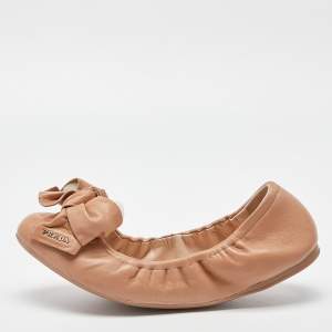 Pre Owned Prada Sport Beige Leather Bow Detail Scrunch Ballet Flats Size 39