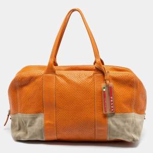 Prada Sport Orange Perforated Leather and Suede Large Duffle Bag
