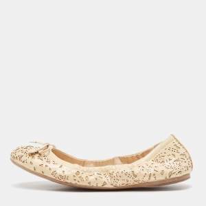 Prada Sport Cream Laser Cut Patent Leather Bow Ballet Flats Size 37.5