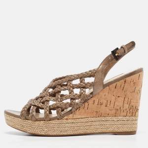 Prada Sport Green Woven Leather Accents Wedge Espadrilles Sandals Size 38