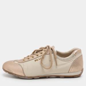 Prada Sport Beige/Gold Leather and Nylon Low Top Sneakers Size 36.5