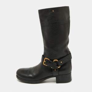 Prada Sport Black Leather Buckle Detail Mid Calf Length Boots Size 39