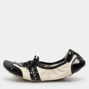 Prada Sport Black/Cream Patent and Leather Lace-up Scrunch Ballet Flats Size 39.5