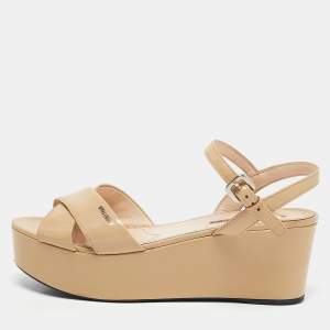 Prada Sport Beige Patent Leather Wedge Sandals Size 41