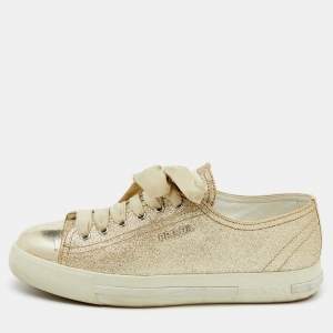 Prada Sport Gold Glitter and Leather Cap Toe Low Top Sneakers Size 37