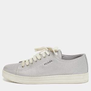 Pre Owned Prada Sport Size 40.5 Silver Metallic Fabric Low Top Sneakers