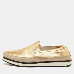 Pre Owned Prada Sport Size 36.5 Metallic Gold Leather Espadrille Slip On Sneakers