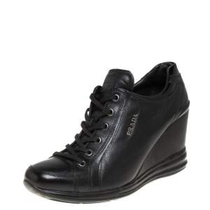 Prada Sport Black Leather Wedge Sneakers Size 39
