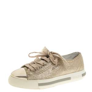 Prada Sport Gold Glitter And Leather Cap Toe Low Top Sneakers Size 36