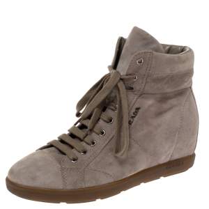 Pre Owned Prada Sport Grey Suede Leather Wedge High Top Sneakers Size 38.5