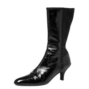 Prada Sport Black Patent Leather And Fabric Mid-Length Boots Size 39.5 