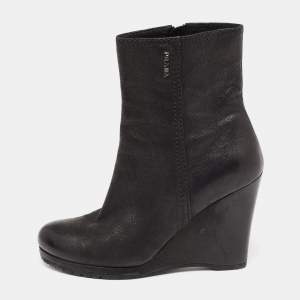 Pre Owned Prada Sport  Black Nubuck Leather Wedge Ankle Boots Size 36.5