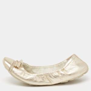 Pre Owned Prada Sport Dull Gold Leather Bow Logo Scrunch Ballet Flats Size 37