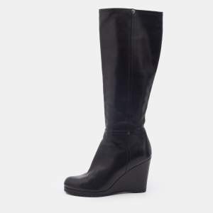 Prada Sport Black Leather Knee Length Wedge Boots Size 37.5