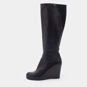 Pre Owned Prada Sport Black Leather Knee Length Wedge Boots Size 37.5