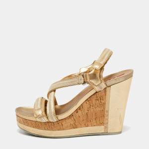 Prada Sport Gold/Beige Leather and Velvet Cork Platform Wedge Sandals Size 36.5
