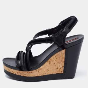 Prada Sport Black Leather and Velvet Cork Platform Wedge Sandals Size 36.5