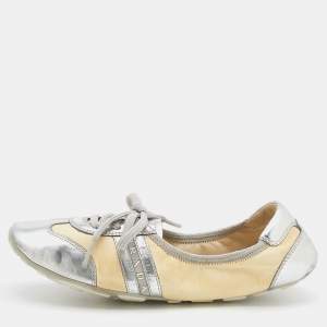 Prada Sport Silver/Cream Leather Scrunch Lace Up Ballet Flats Size 35.5