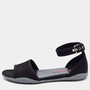 Pre Owned Prada Sport Black Canvas Ankle Strap Flats Size 39.5
