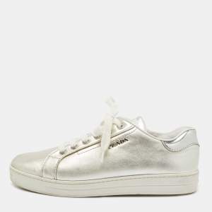 Pre Owned Prada Sport Metallic Silver Leather Low Top Sneakers Size 38.5
