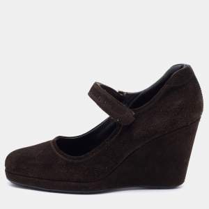 Prada Sport Dark Brown Suede Mary Jane Wedge Pumps Size 39.5