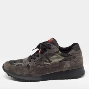 Prada Sport Grey Suede and Camouflage Print Nylon Low Top Sneakers Size 37.5