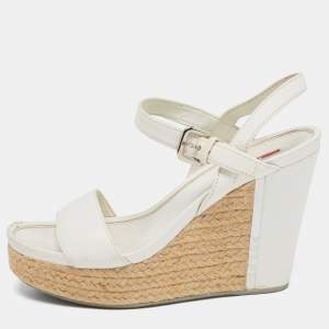 Prada Sport White Leather Espadrille Platform Wedge Sandals Size 38
