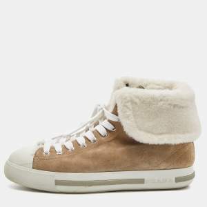 Prada Sport Beige Suede and Fur High Top Sneakers Size 39.5