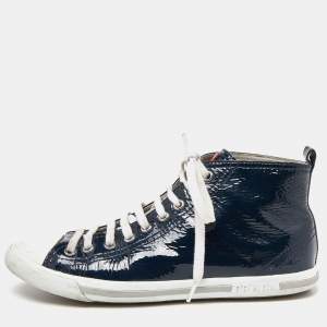 Prada Sport Navy Blue/White Patent Leather and Rubber High Top Sneakers Size 37