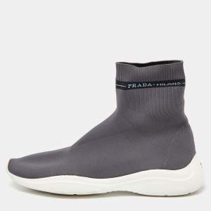 Pre Owned Prada Sport Grey Knit Fabric High Top Sneakers Size 39