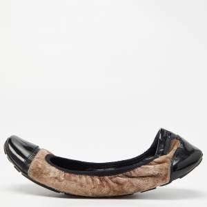 Prada Sport Black/Brown Patent Leather and Velvet Toe Cap Scrunch Ballet Flats Size 40.5 