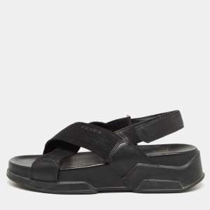 Pre Owned Prada Sport Black Fabric and Leather Cross Strap Slingback Sandals Size 37