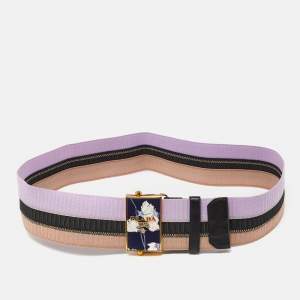 Prada Tricolor Elastic Fabric and Leather Floral Logo Plague Belt 75CM
