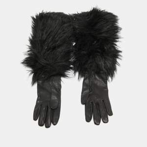 Prada Black Faux Fur and Genuine Leather Gloves 