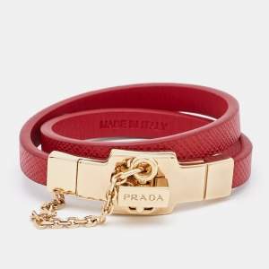 Prada Red Leather Gold Tone Bracelet S