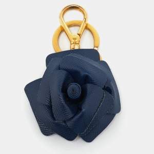 Prada Camelia Flower Leather Gold Tone Key Ring