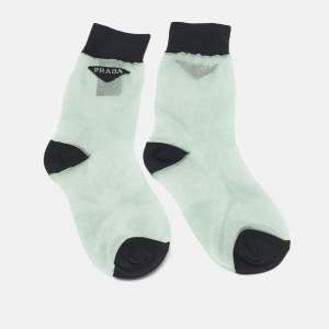Prada Green Logo Print Stretch Tulle Sheer Socks M