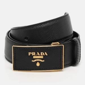 Prada Black Saffiano Leather Logo Buckle Belt 75CM